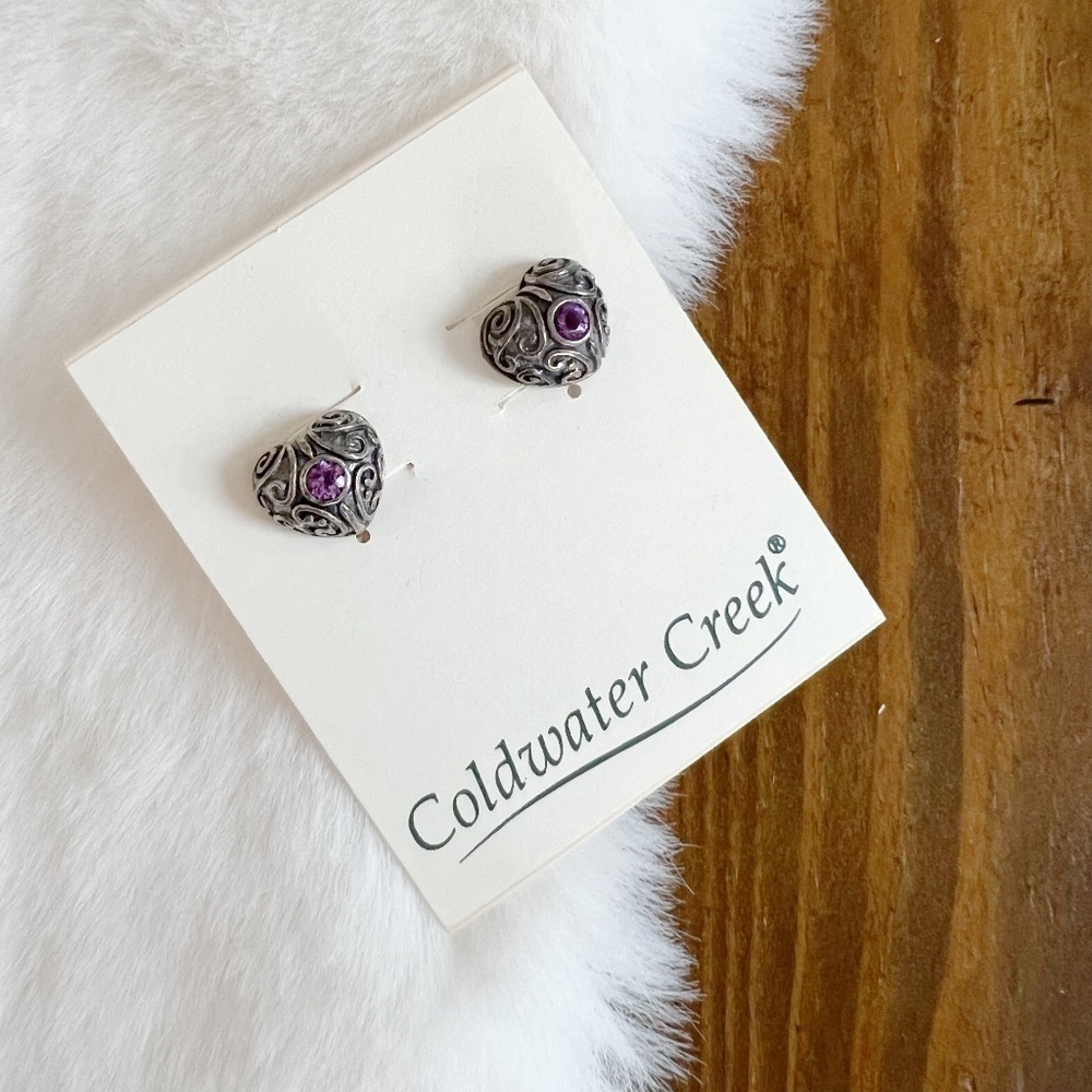 Vintage NEW Coldwater Water 925 Silver and Amethyst Filigree Heart Earrings